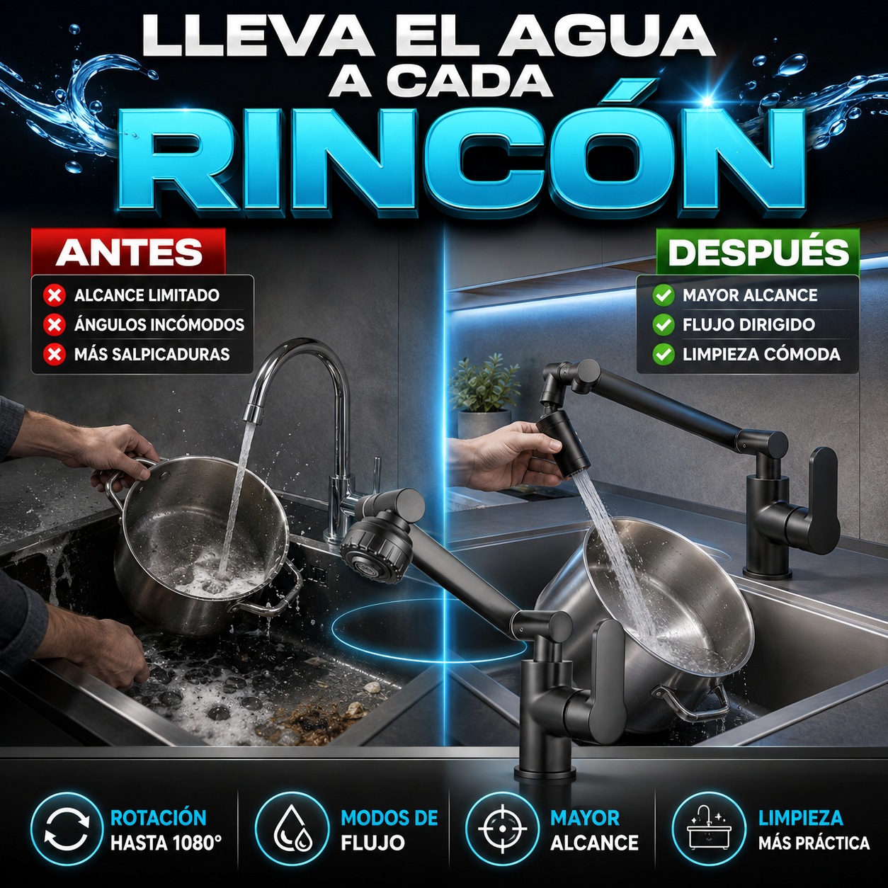 Grifo Multifuncional con Brazo Retráctil 1080° — Limpia cada rincón con facilidad