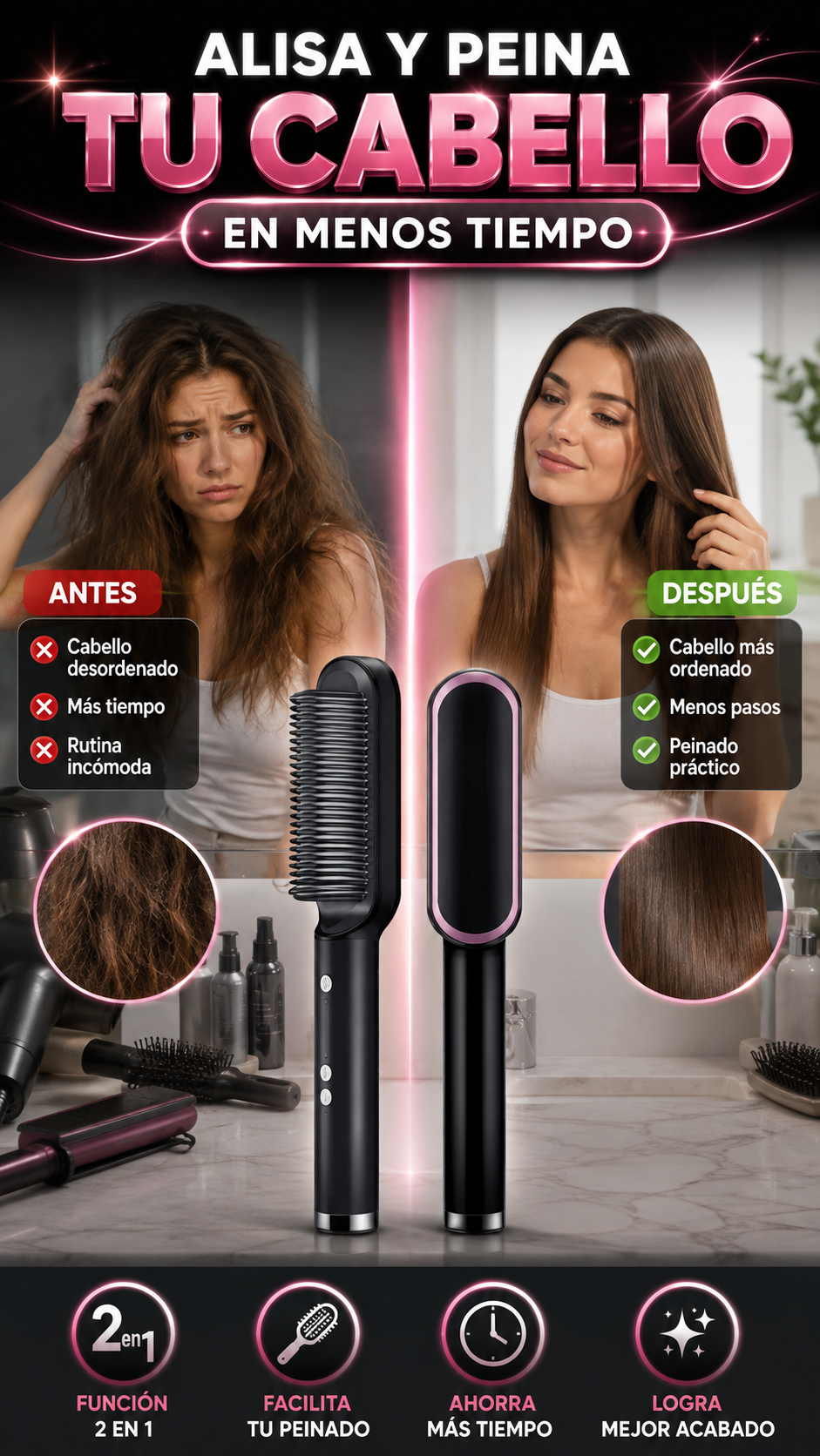 Cepillo Alisador Eléctrico de Cabello 2 en 1 — Alisa y peina en menos tiempo
