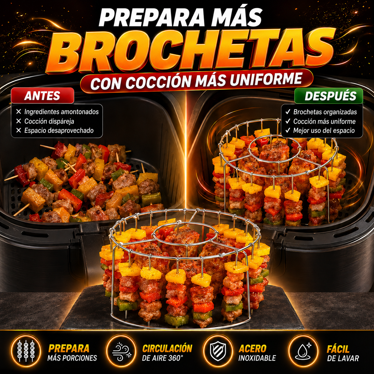 Soporte Vertical para Brochetas de Acero Inoxidable — Cocina más y de forma uniforme