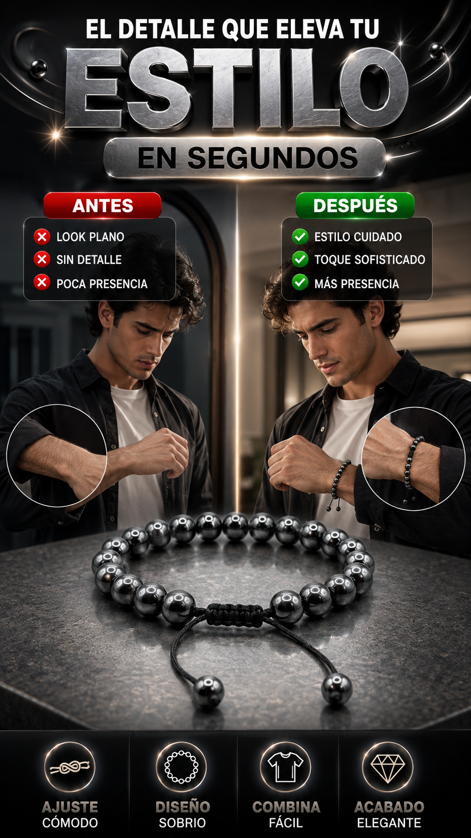 Pulsera Ajustable de Hematita — Estilo sobrio para cada día