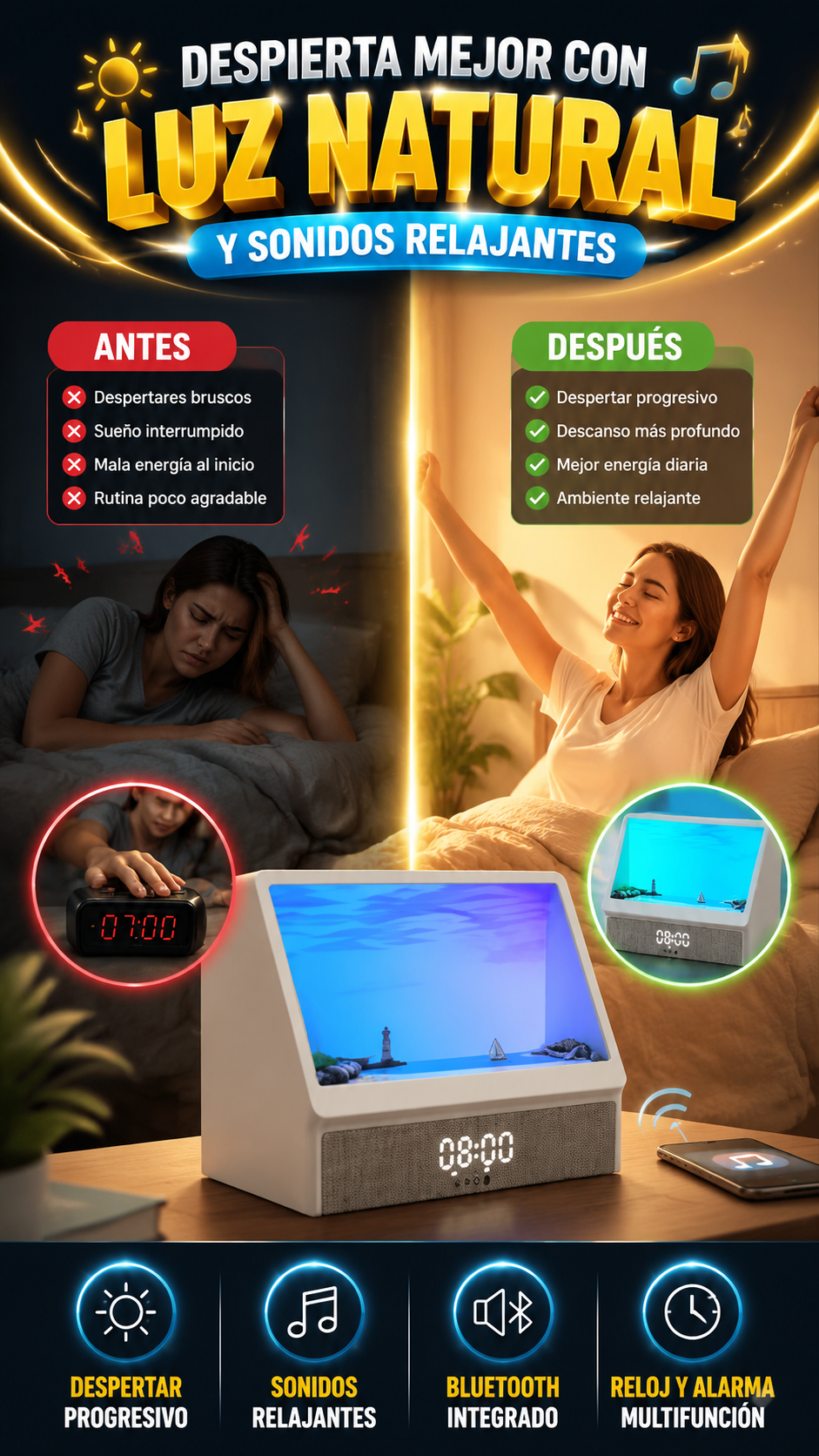 Reloj Despertador con Simulador de Amanecer — Despierta con una rutina más natural