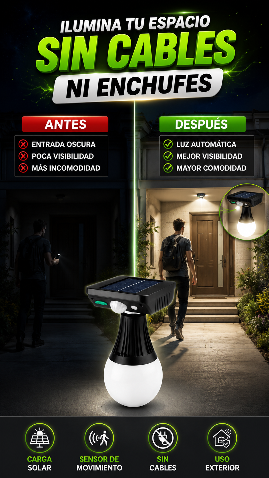 Foco Solar Portátil — Ilumina sin cables ni enchufes