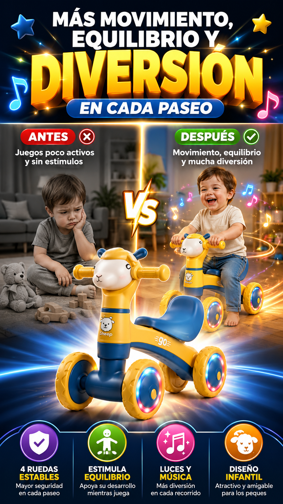 Correpasillo Infantil de 4 Ruedas con Luces y Música — Estimula equilibrio mientras se divierte