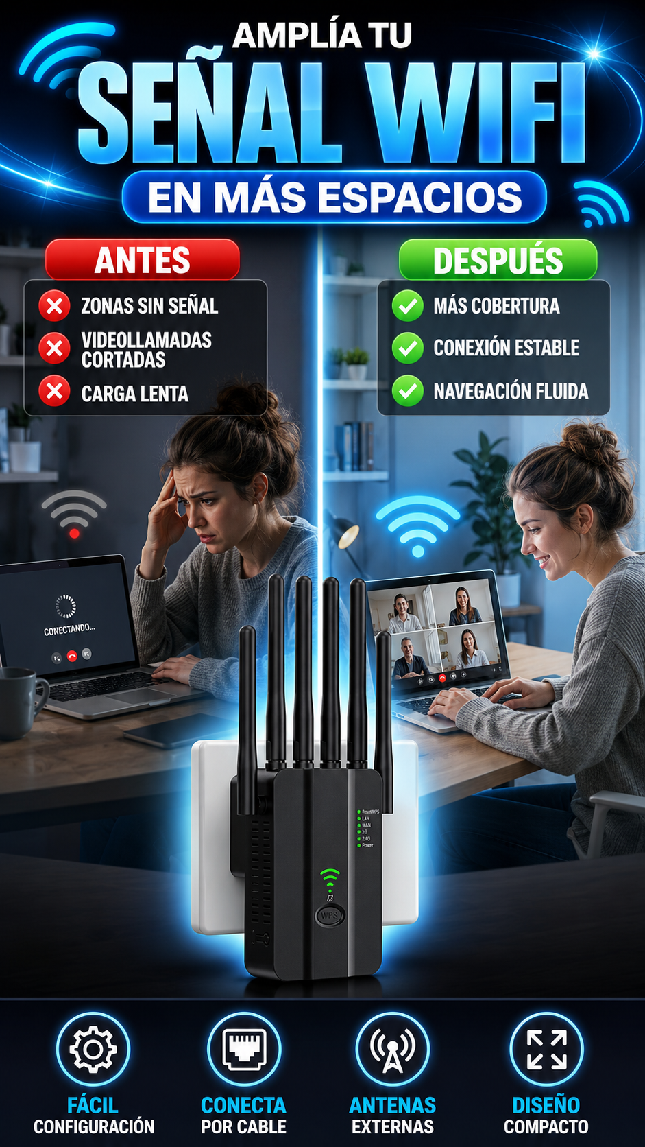 Repetidor WiFi 3 en 1 — Lleva señal a más espacios