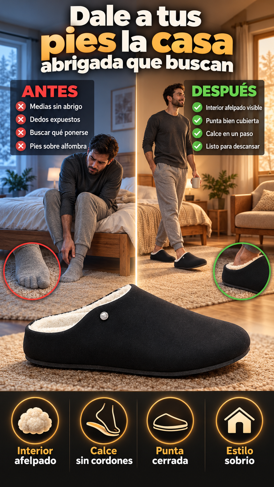 Pantuflas zueco para hombre — Interior afelpado y punta cerrada para disfrutar la comodidad de casa en días fríos