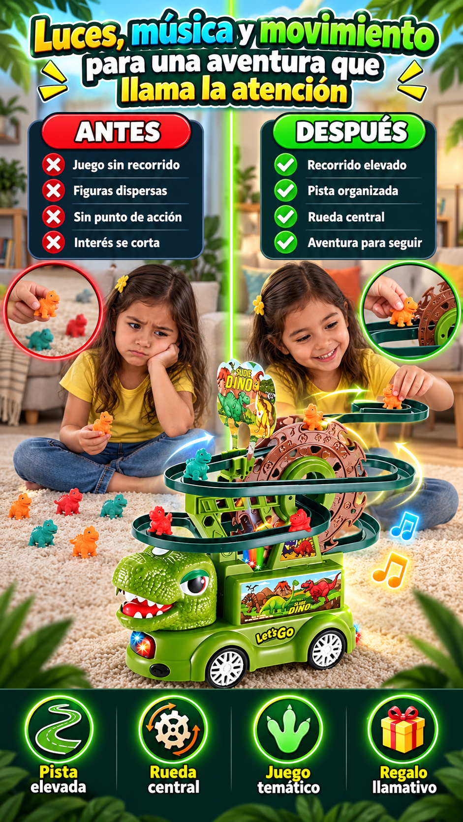 Pista de Dinosaurios — Luces, música y movimiento para una aventura de juego que llama la atención