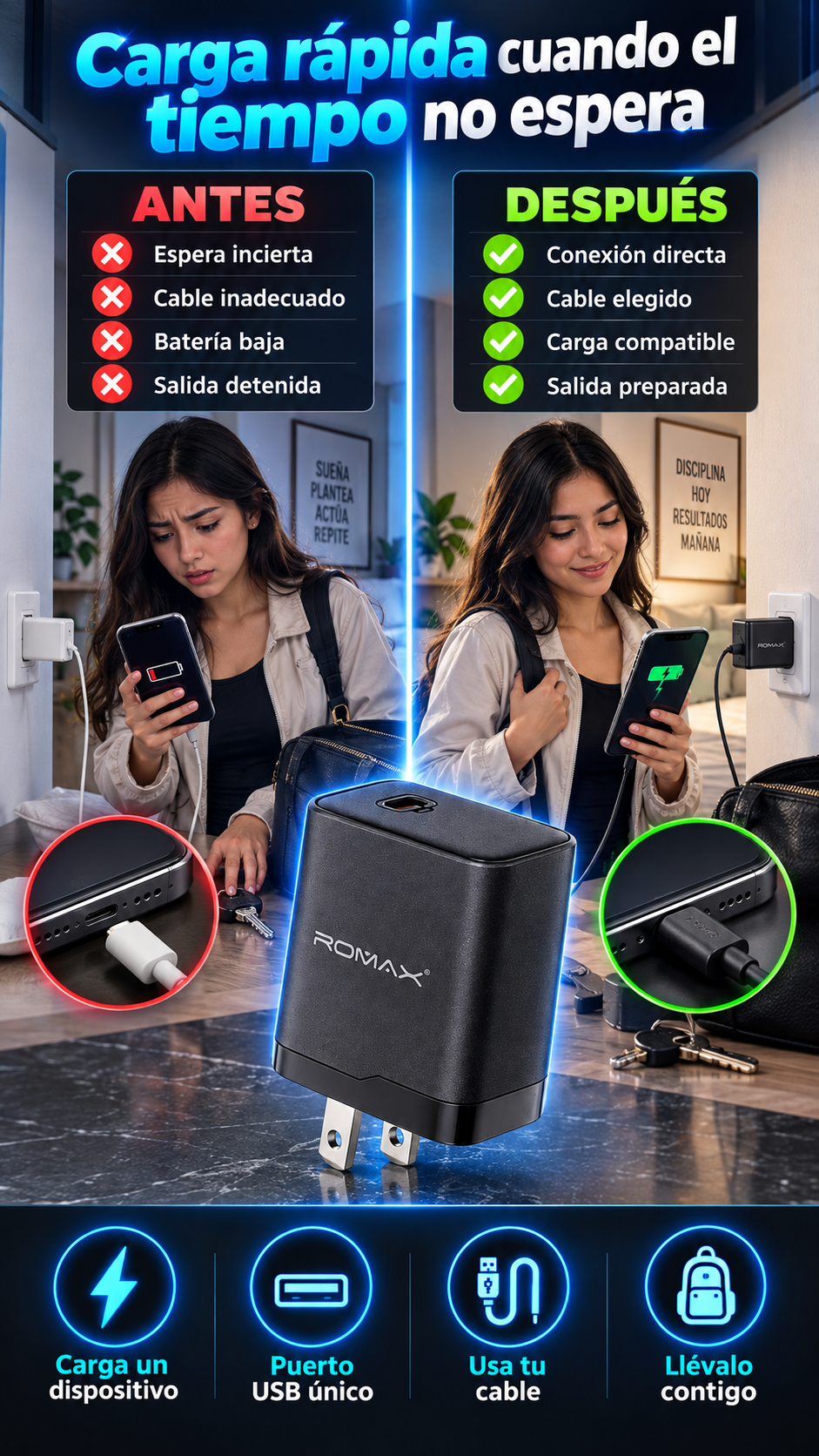 Cargador Romax Turbo Power 66W para smartphones y gadgets USB: carga rápida cuando el tiempo no espera