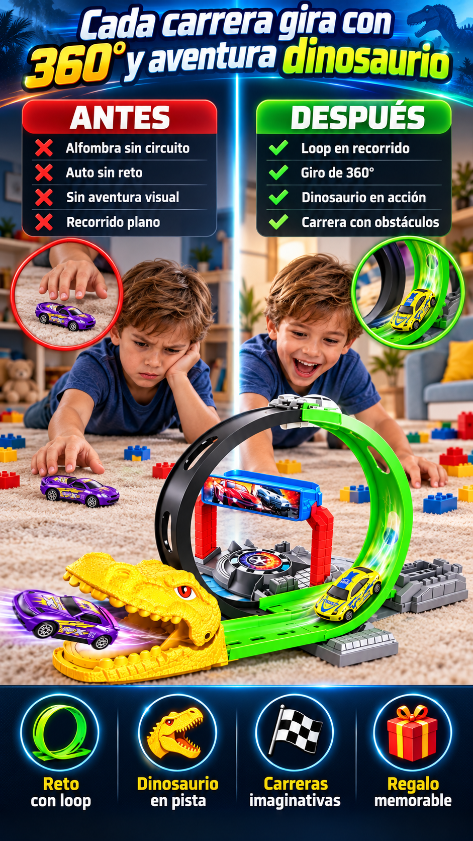 Max Racing Track — Carreras, giros de 360° y aventura con dinosaurio