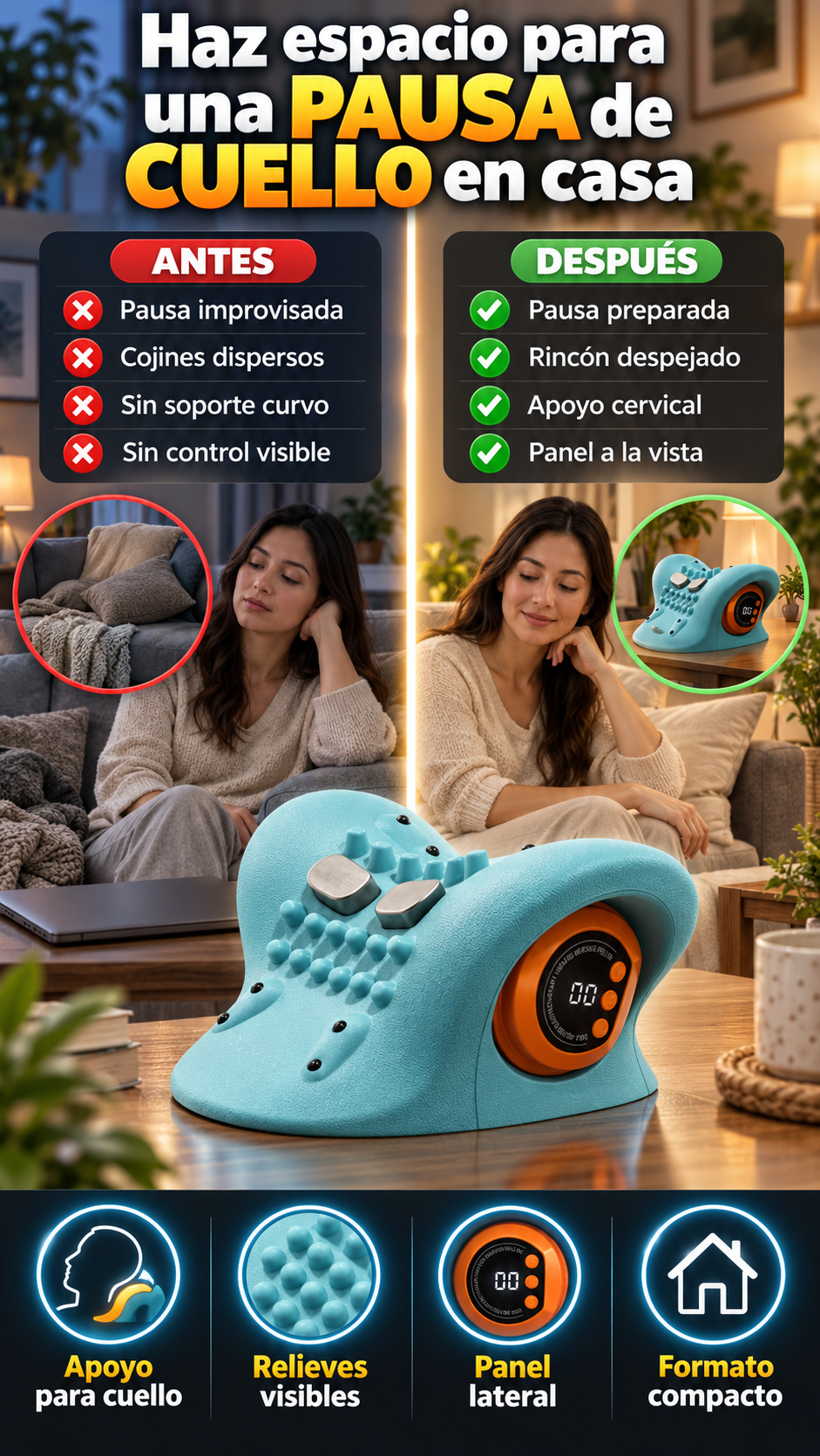 Cojín masajeador de cuello azul con relieves y panel digital — Un regalo tecnológico que sorprende