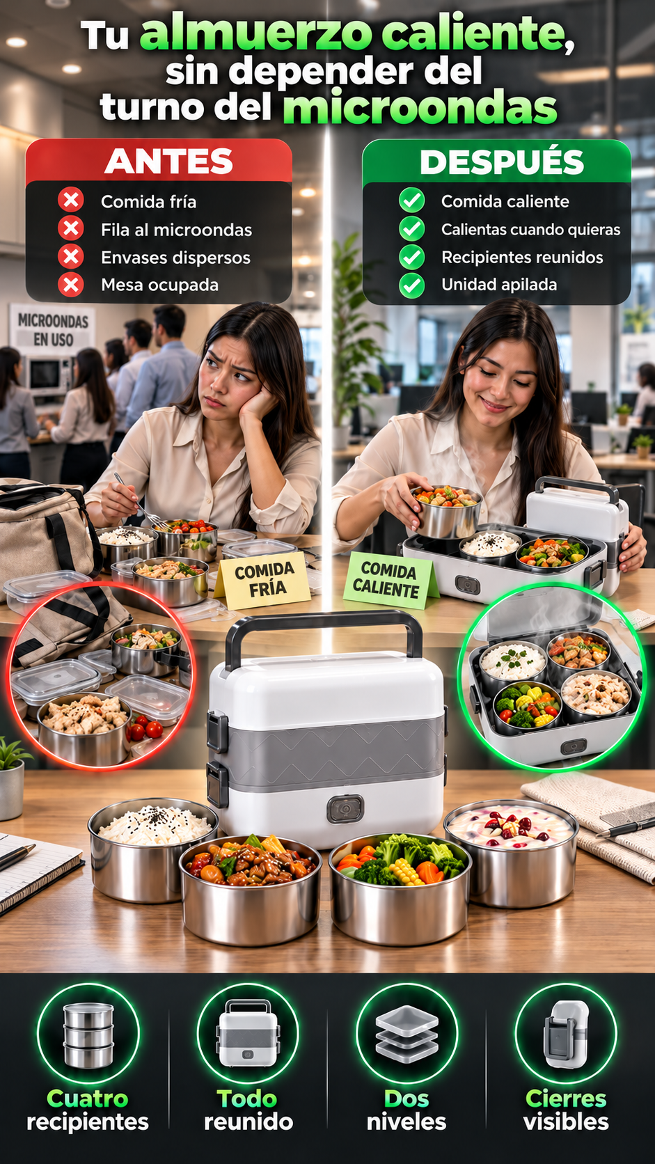 Lonchera Eléctrica Portátil de 2 Niveles con 4 Recipientes Separados — Tu almuerzo de casa, sin depender del turno del microondas