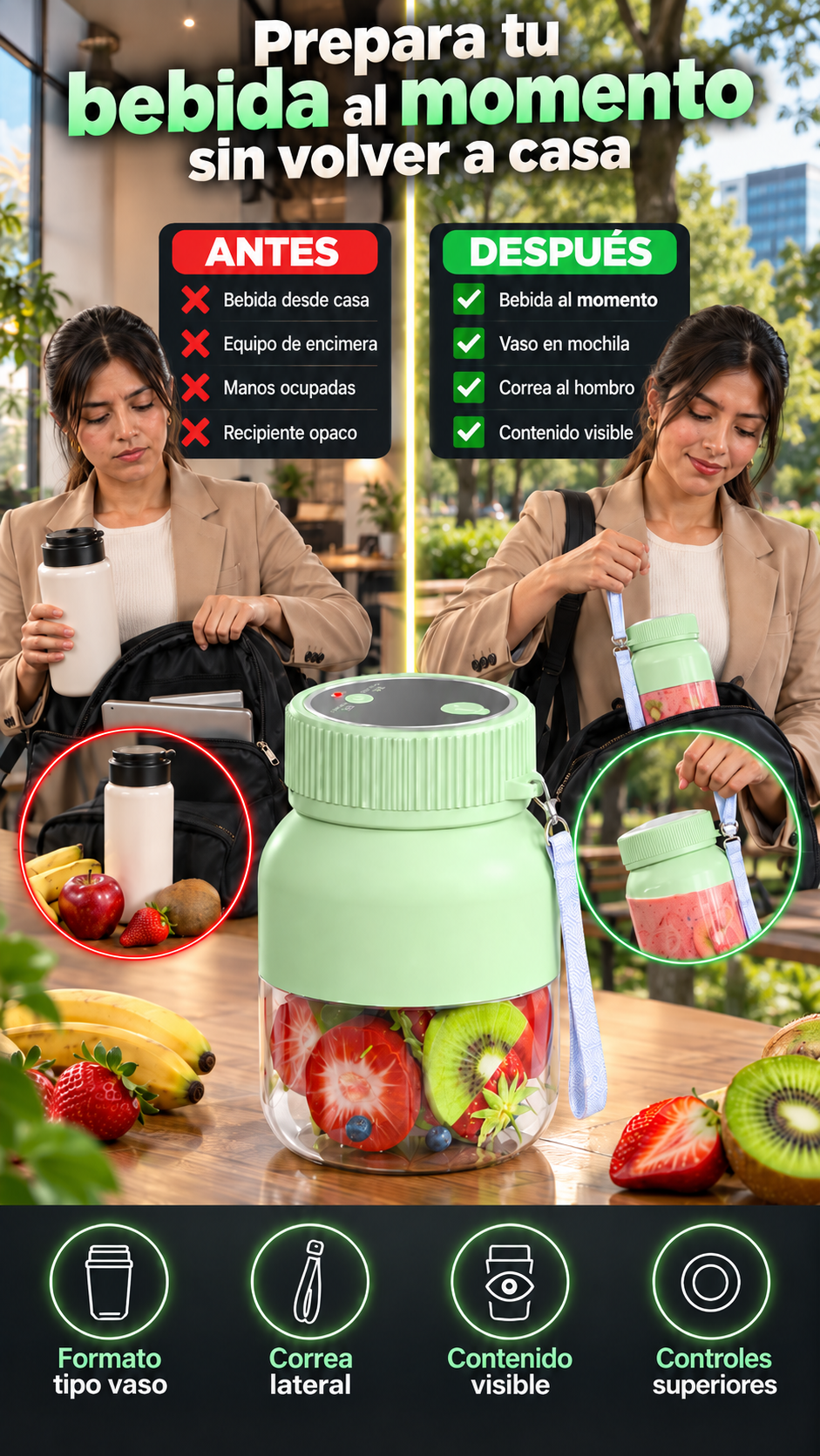 Licuadora Portátil DAWI11 recargable con correa lateral — Prepara bebida entre trabajo y trayectos, jugo o batido, incluso fuera de casa