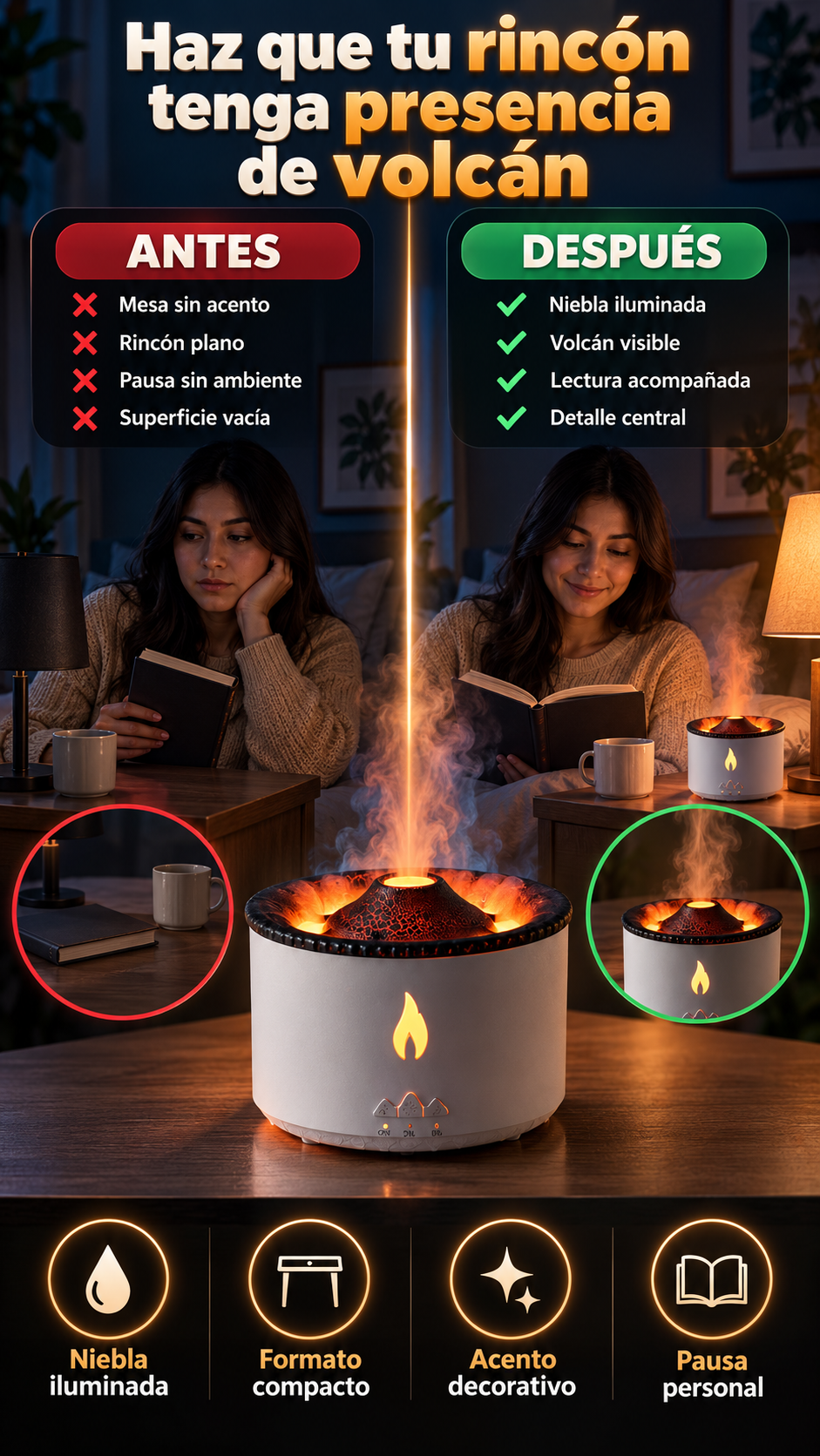 Humidificador Volcán Compacto con Efecto de Niebla Iluminada — para acompañar tu escritorio o velador
