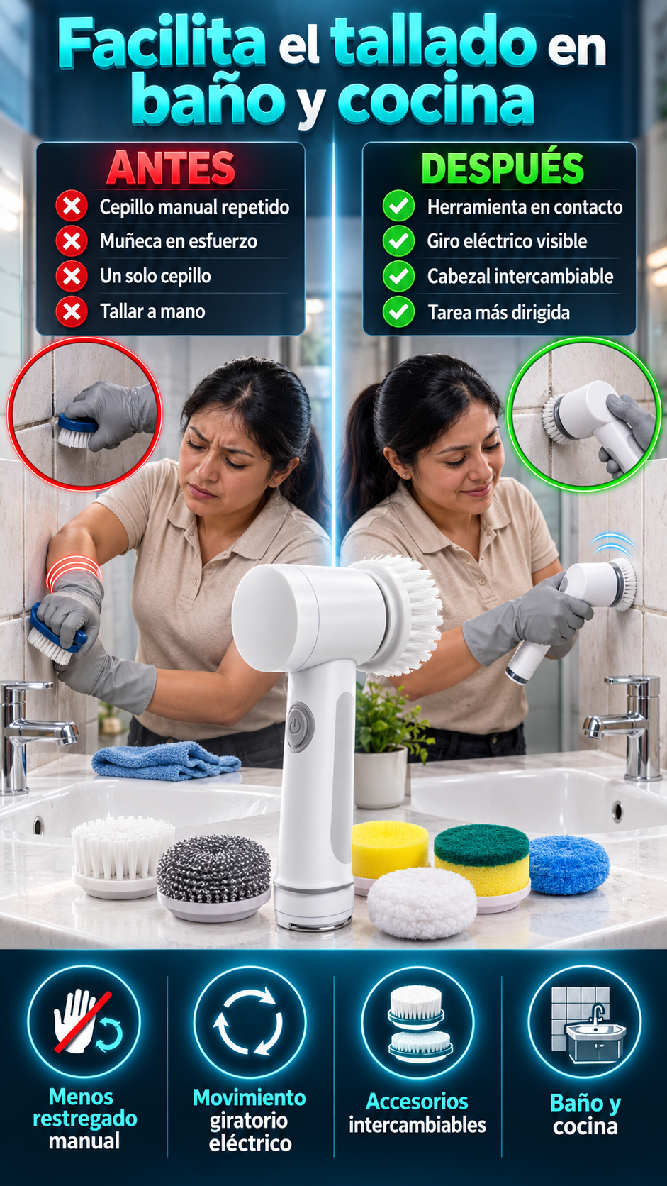 Cepillo eléctrico multifunción 7 en 1 para quienes buscan facilitar el tallado en baño y cocina