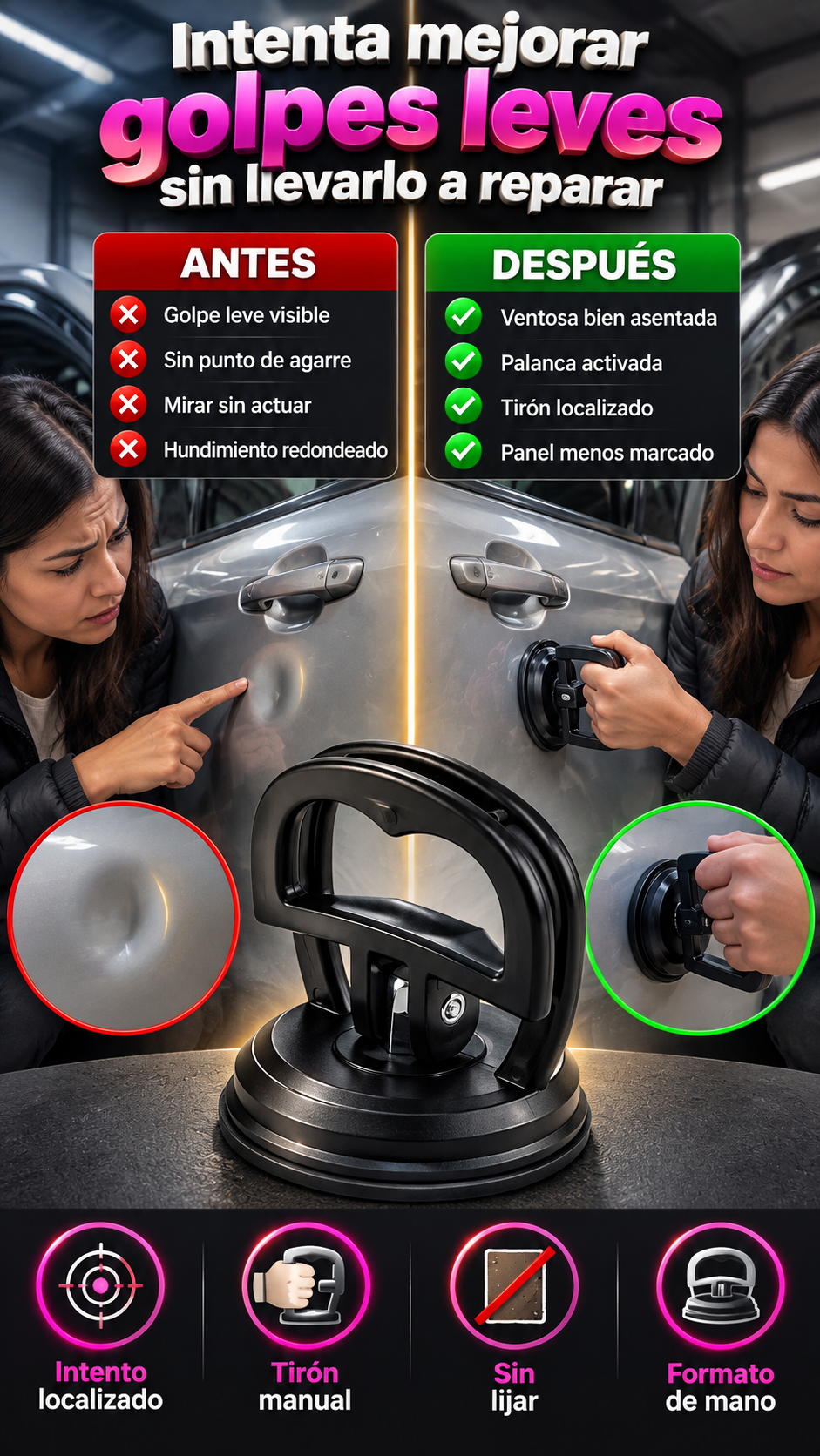 Extractor de abolladuras para conductores que quieren intentar mejorar golpes leves sin tener que llevar el auto a reparar