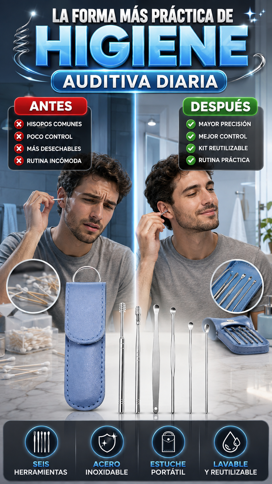 Kit de Limpieza de Oídos de Acero Inoxidable de 6 Piezas — Higiene práctica y reutilizable