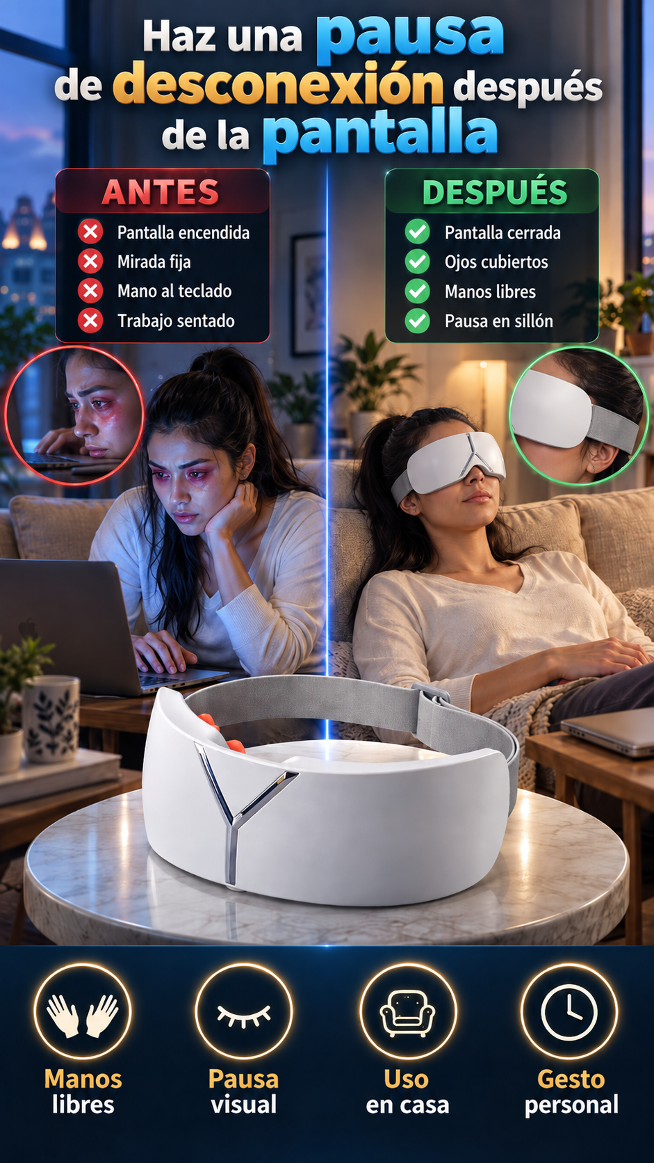 Masajeador de ojos para personas que buscan una pausa de desconexión después de la pantalla