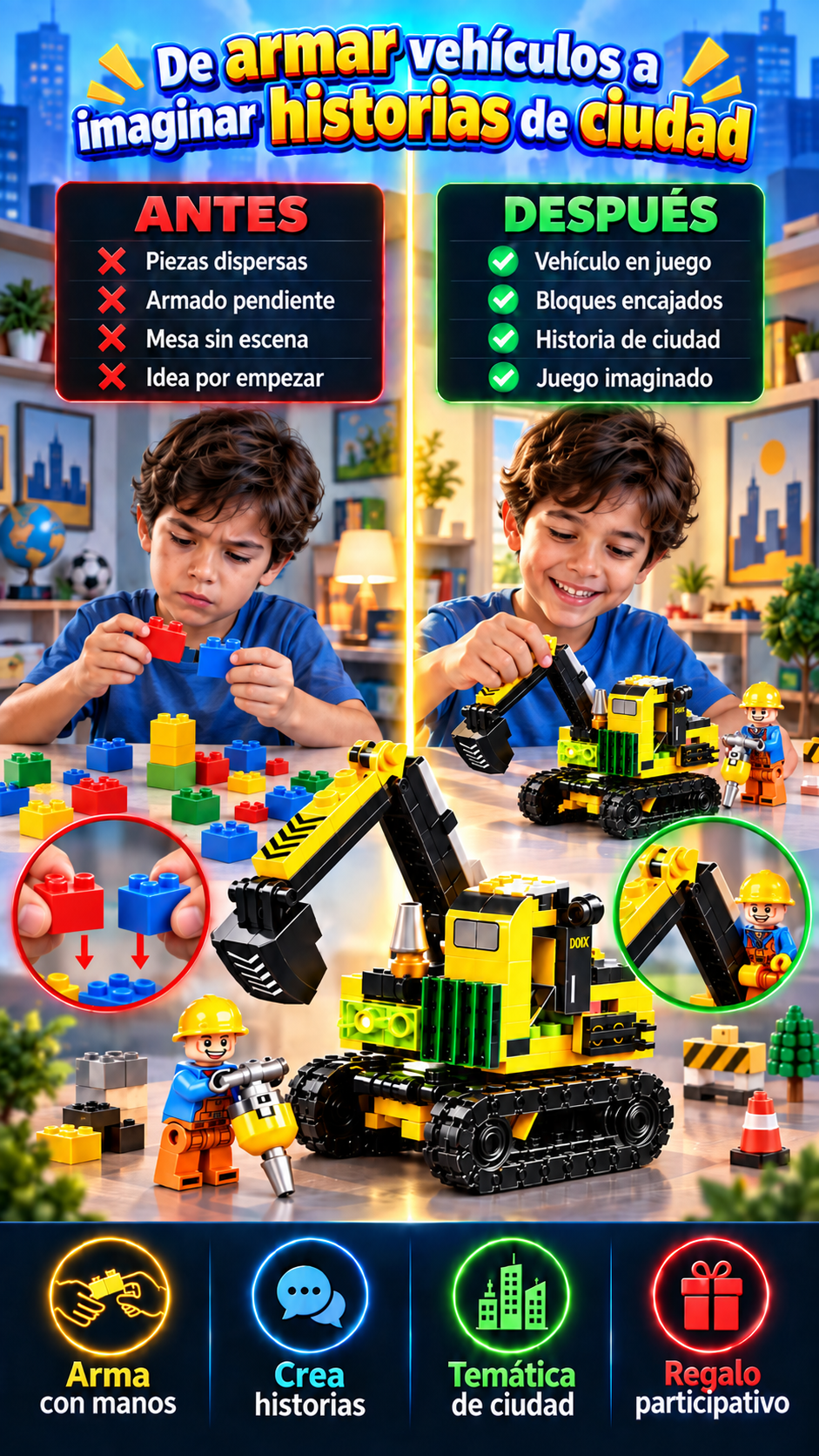 Bloques de construcción para niños que disfrutan armar vehículos e imaginar historias de ciudad
