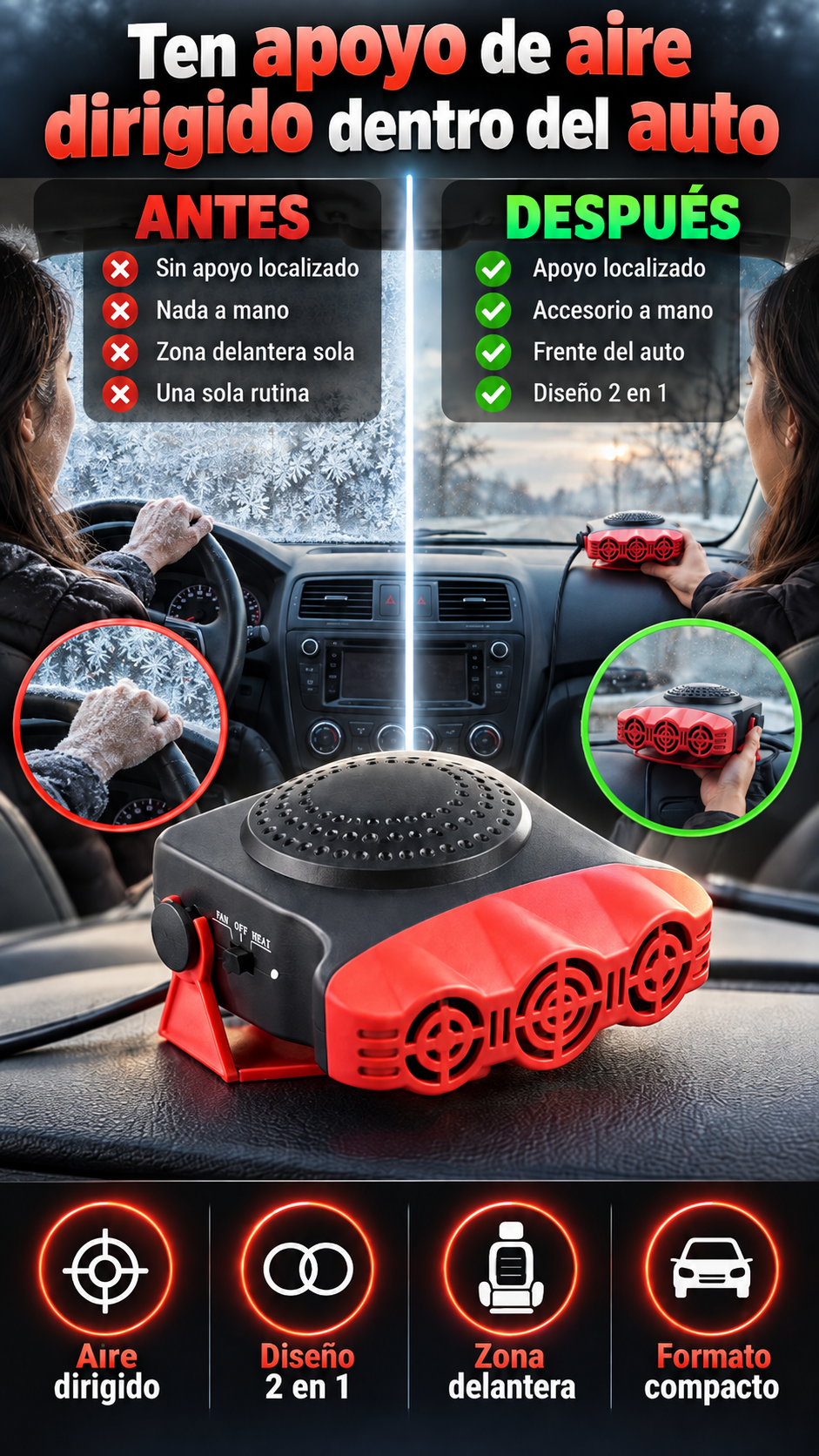 Calefactor y ventilador 2 en 1 para conductores que quieren apoyo de aire dirigido dentro del auto