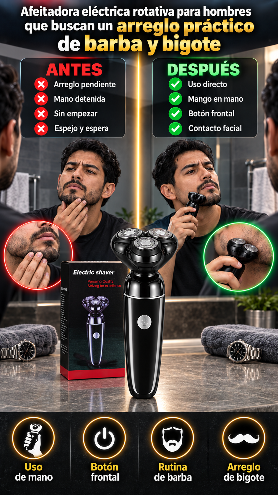 Afeitadora eléctrica rotativa para hombres que buscan un arreglo práctico de barba y bigote
