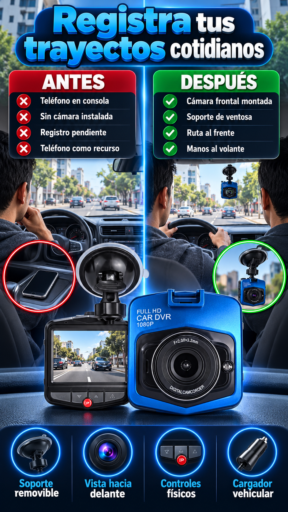 Dashcam frontal para conductores que quieren registrar sus trayectos cotidianos
