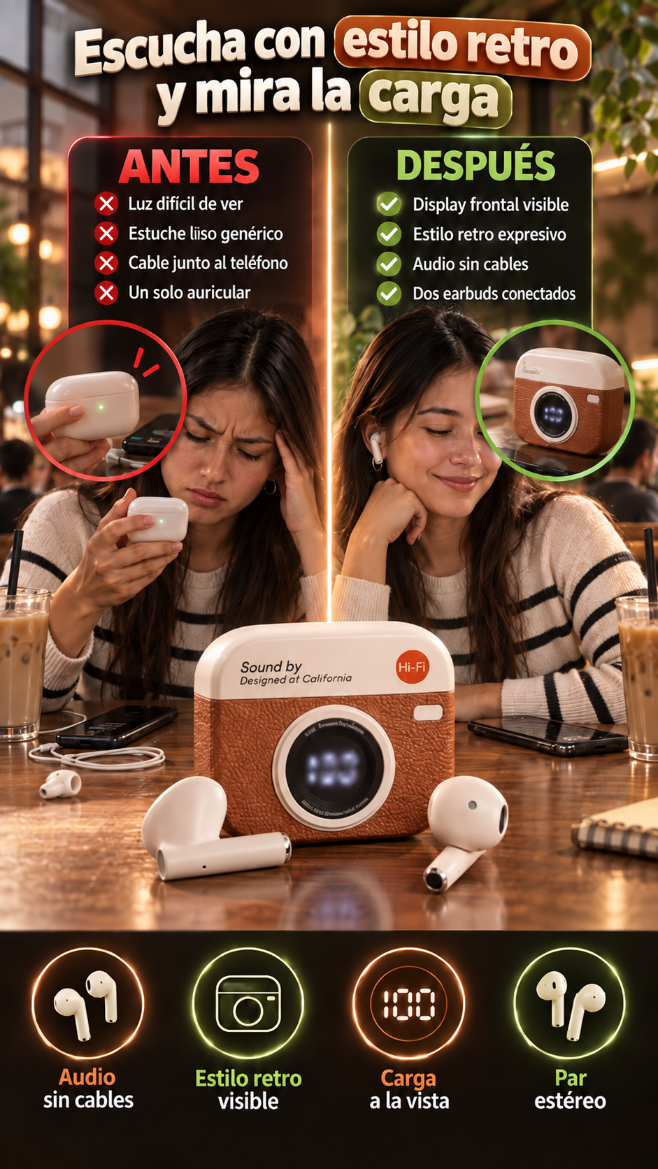 Auriculares inalámbricos para quienes escuchan su contenido con un estilo retro y quieren ver por donde va la carga