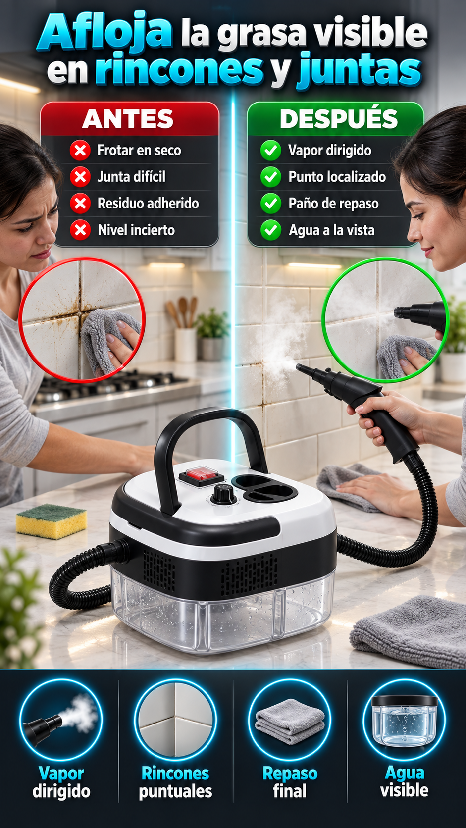 Limpiador a vapor portátil para cuidar la limpieza de cocina y baño — afloja la grasa y suciedad visible en rincones y juntas