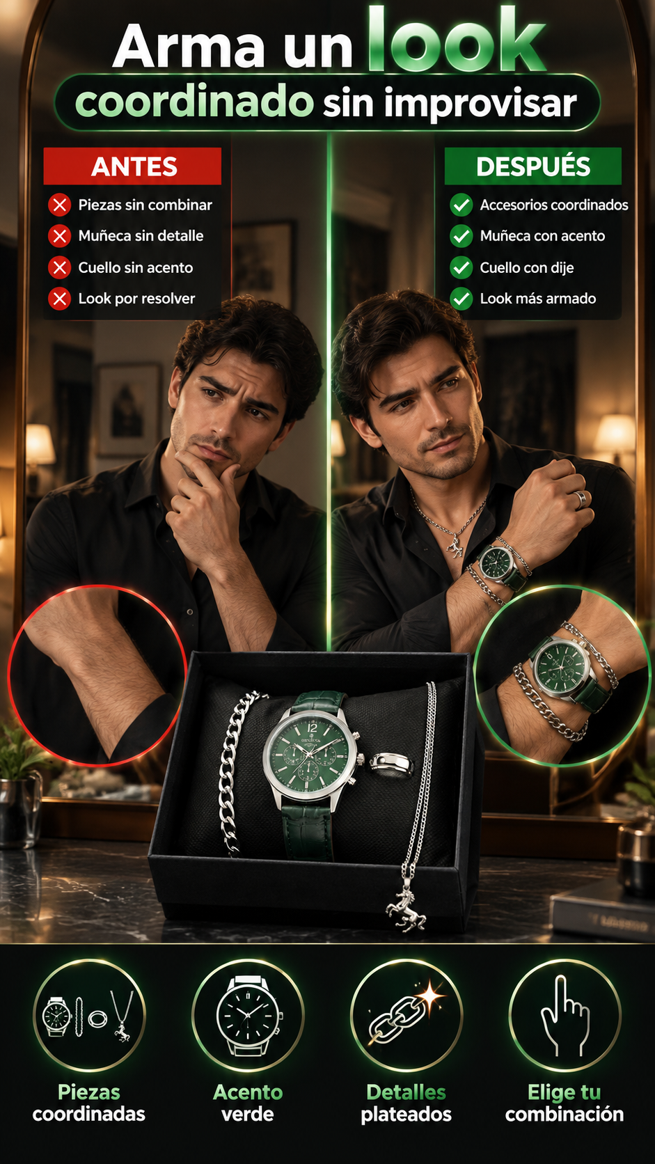 Set masculino de 4 piezas para complementar looks casuales o de vestir con accesorios coordinados