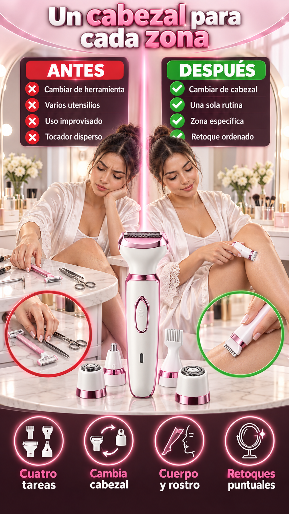 Afeitadora femenina 4 en 1 para retoques de cuerpo, rostro, cejas y vello visible de nariz u orejas