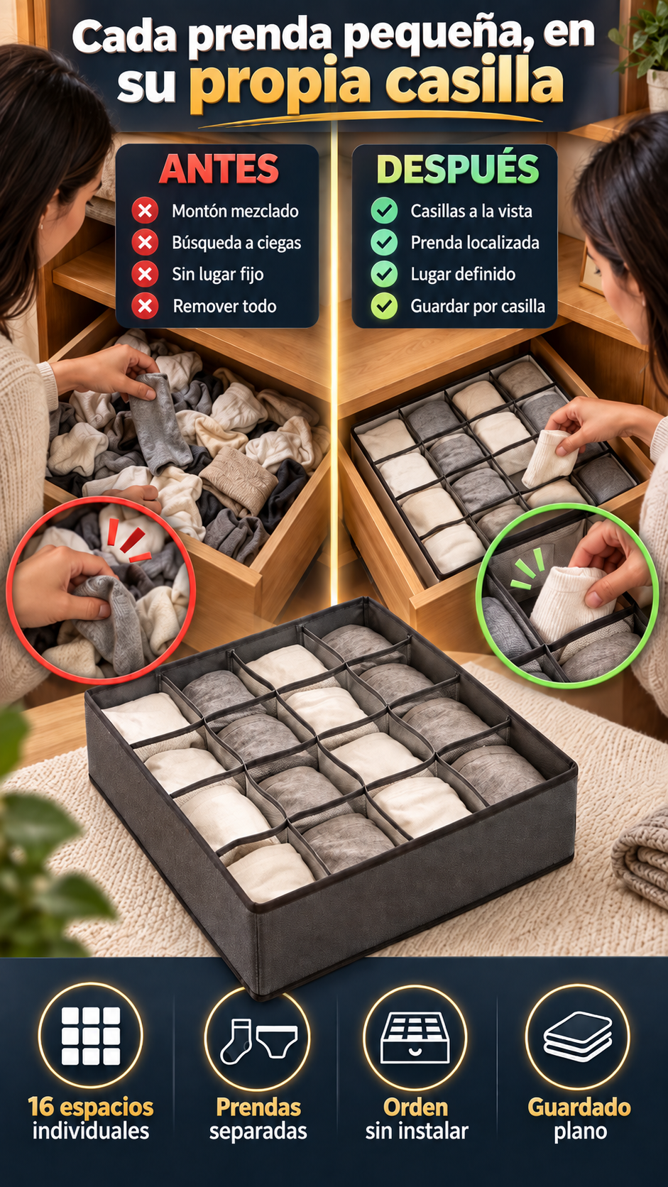 Organizador de cajones de 16 compartimientos para separar calcetines y ropa interior