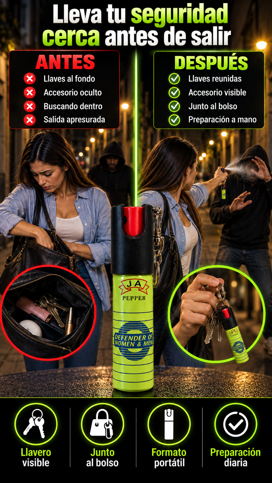 Aerosol llavero de defensa personal para mujeres en sus trayectos cotidianos