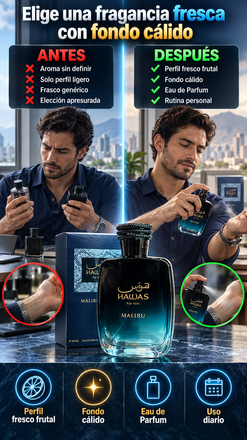 Hawas Malibu For Him para hombres que prefieren una fragancia fresca — Una composición frutal y cítrica con fondo cálido.