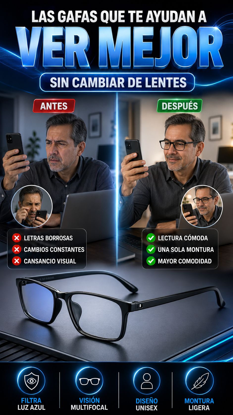 Gafas Multifocales Progresivas con Filtro de Luz Azul — Ve mejor sin cambiar de lentes