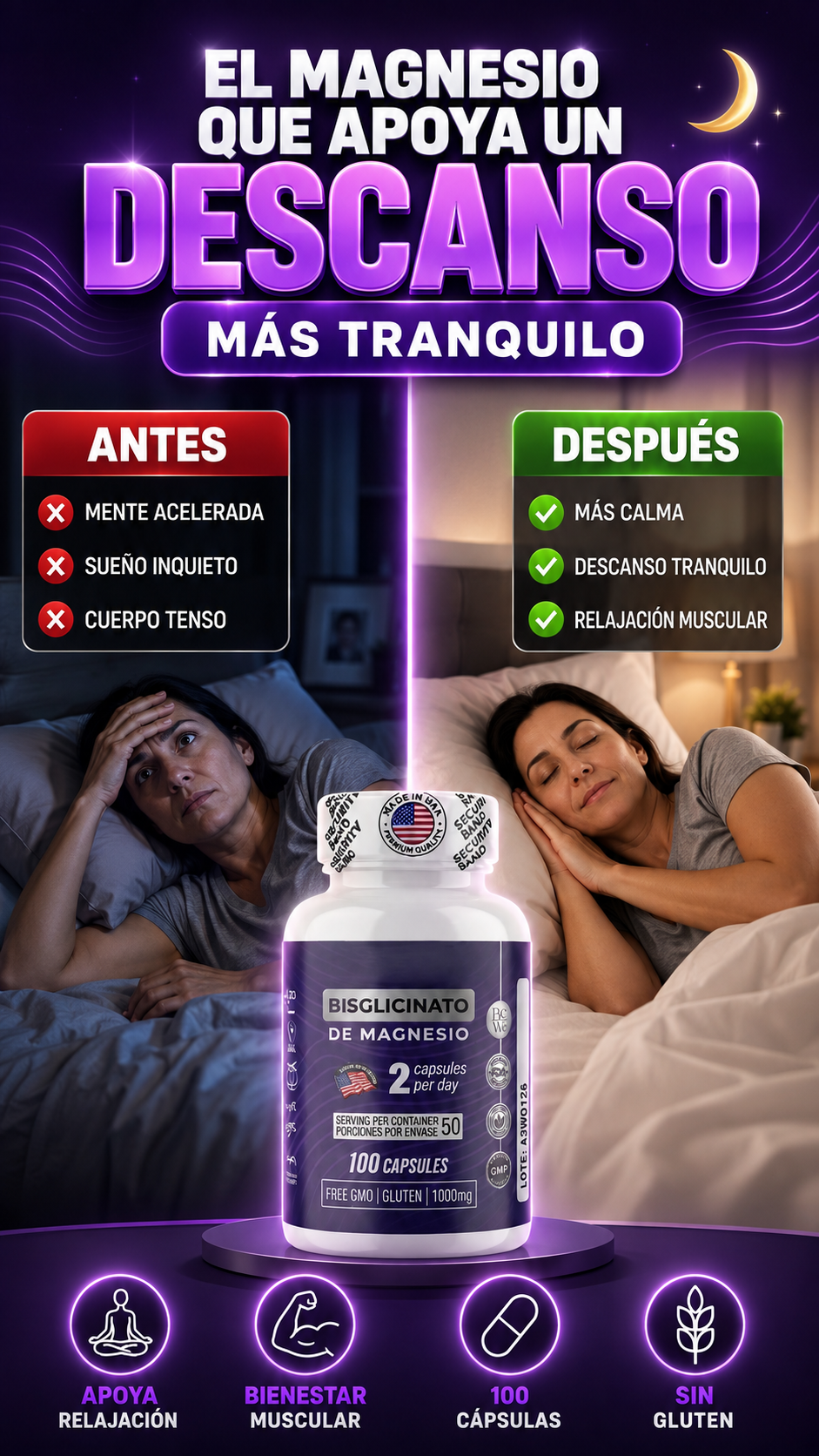 Bisglicinato de Magnesio Quelado 100 Cápsulas — Apoya un descanso más tranquilo
