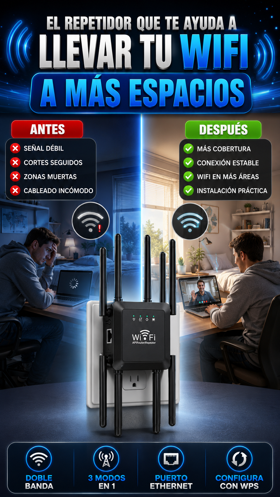Repetidor WiFi Inalámbrico 3 en 1 con 8 Antenas — Lleva la señal a más espacios