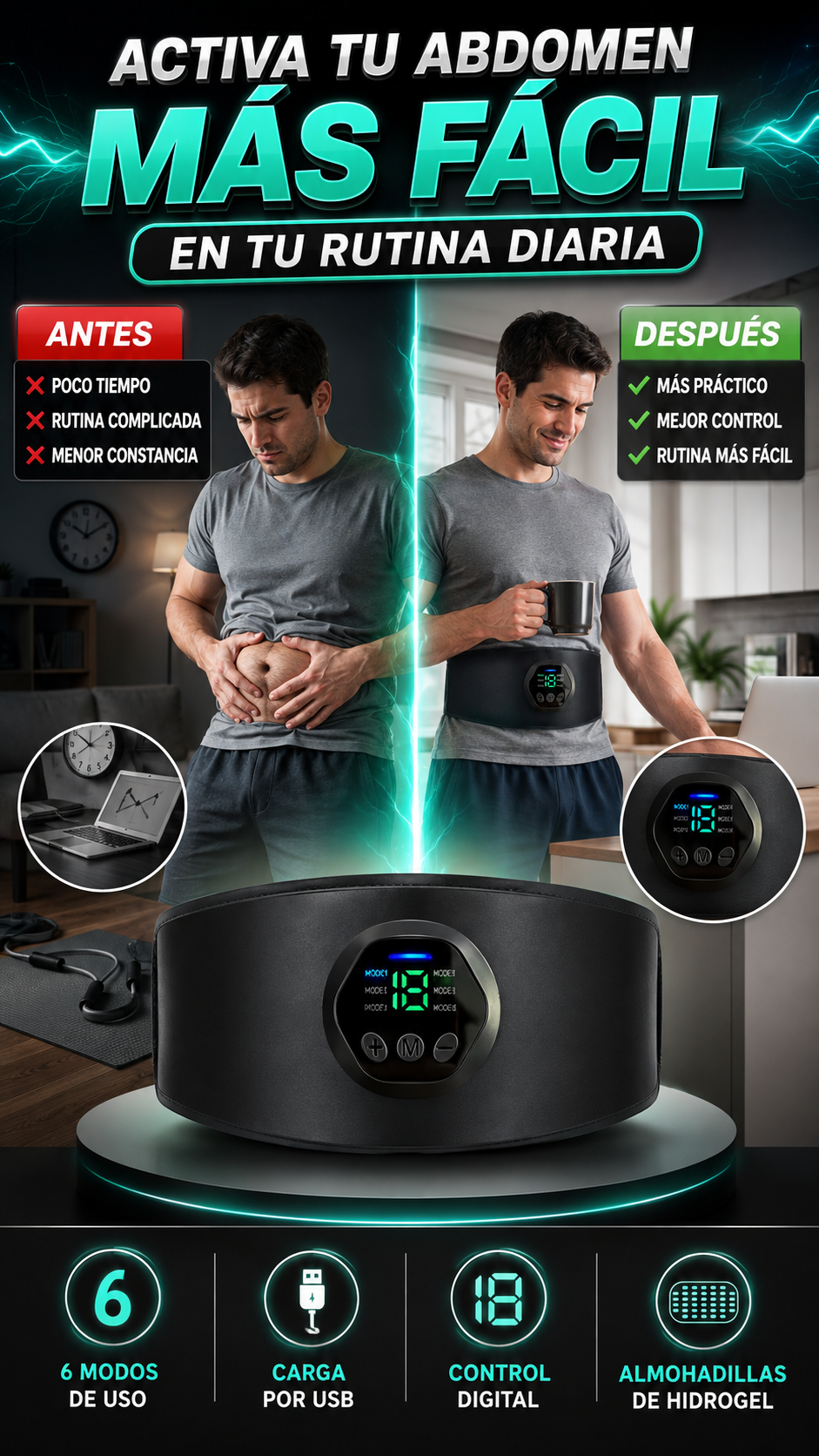 Cinturón Abdominal EMS Recargable — Activa tu zona media fácilmente