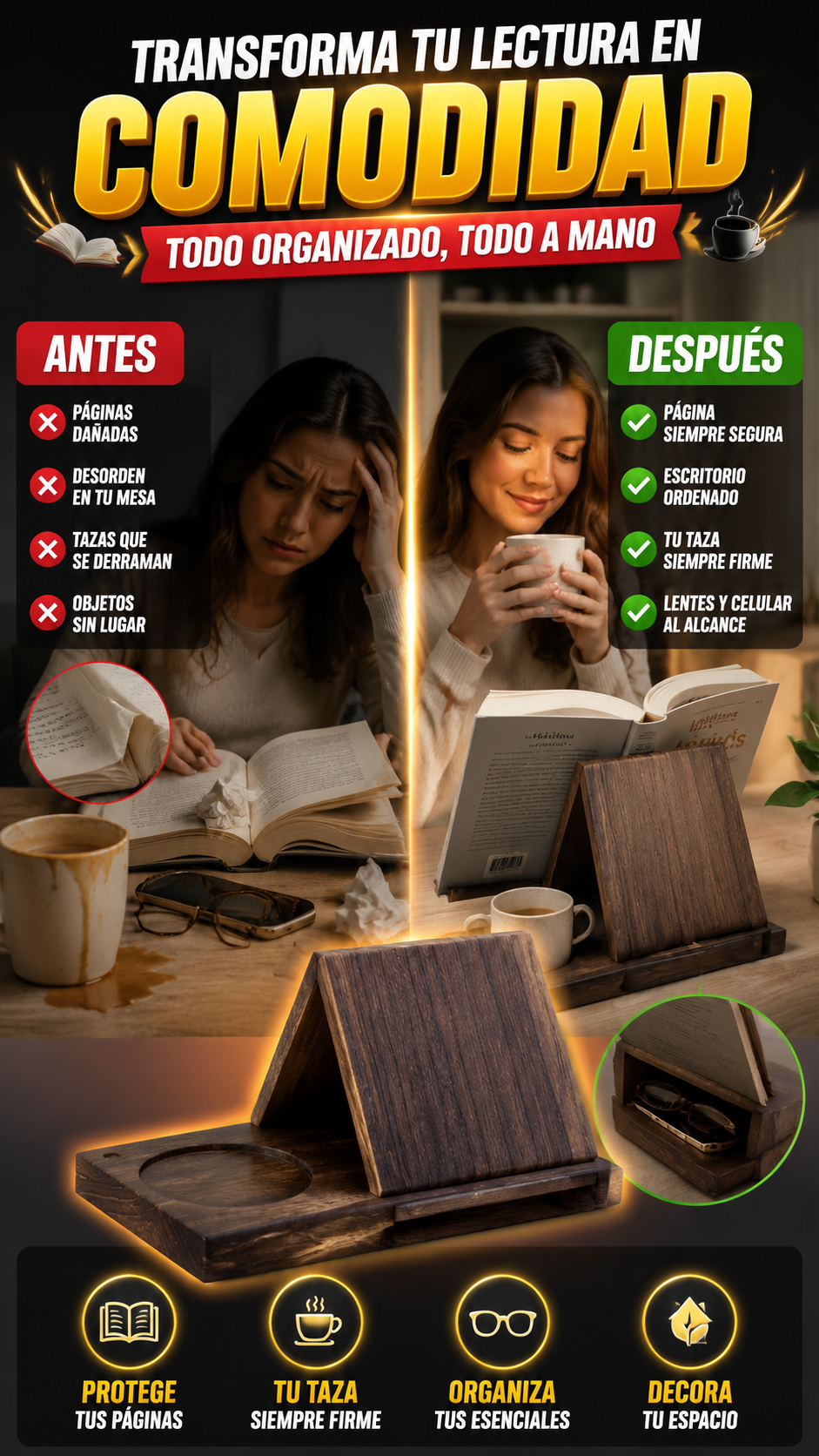 Soporte Triangular de Madera para Libros con Posavasos — Mantén tu lectura siempre organizada