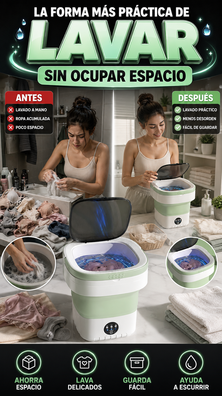 Mini Lavadora Portátil Plegable con Centrifugado — Lava prendas pequeñas sin ocupar espacio