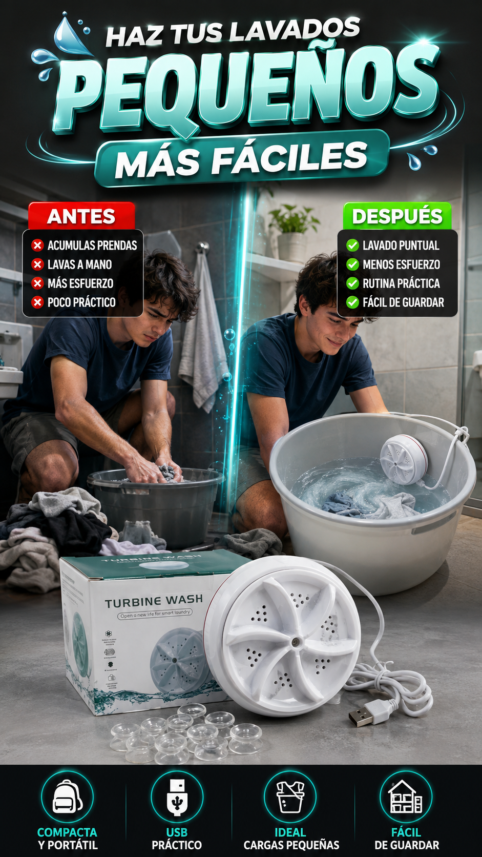 Mini Lavadora Portátil USB de Turbina — Facilita tus lavados pequeños