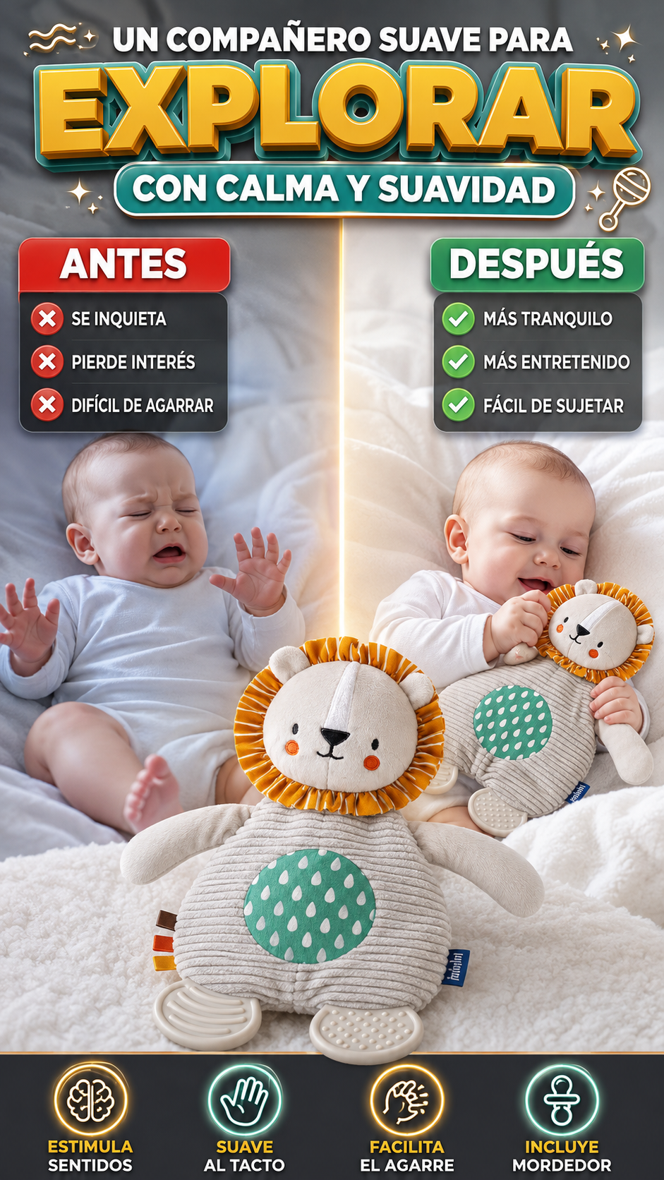 Peluche de Apego Sensorial con Mordedor y Sonajero — Acompaña y estimula sus sentidos