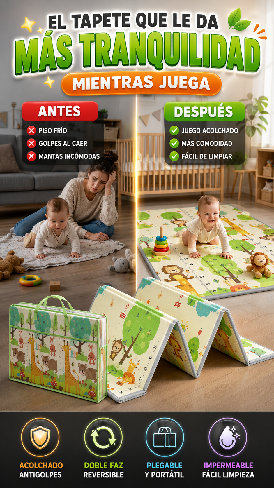 Tapete Infantil Plegable Reversible Antigolpes — Más tranquilidad mientras juega