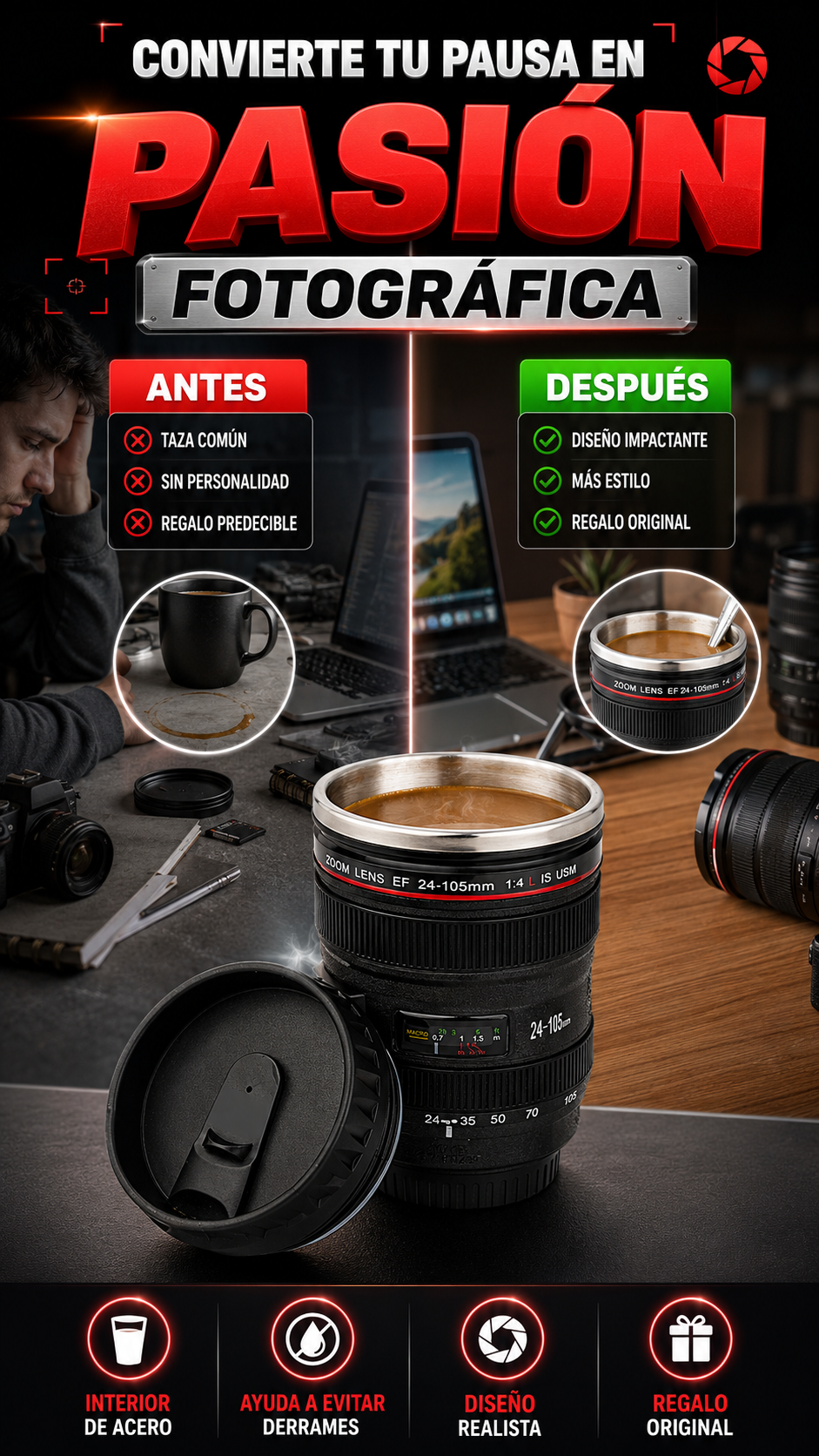 Taza Térmica con Diseño de Lente Fotográfico — Lleva tu pasión en cada café