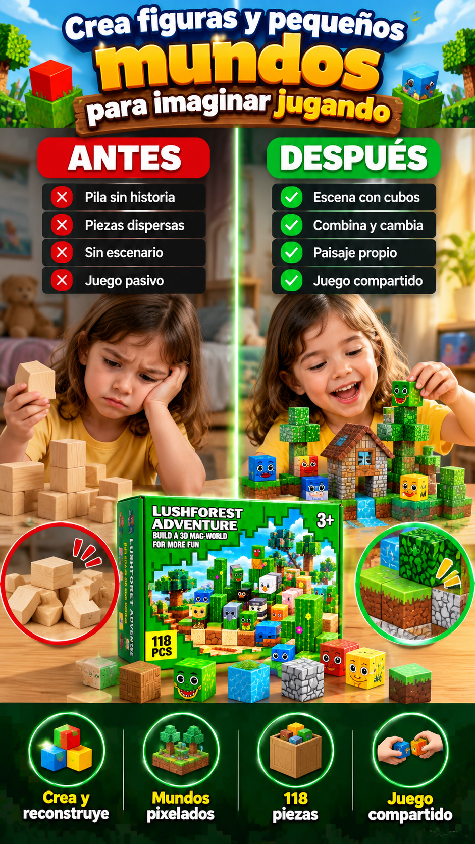 Cubo magnético de 118 piezas — Crea figuras y pequeños mundos para imaginar jugando