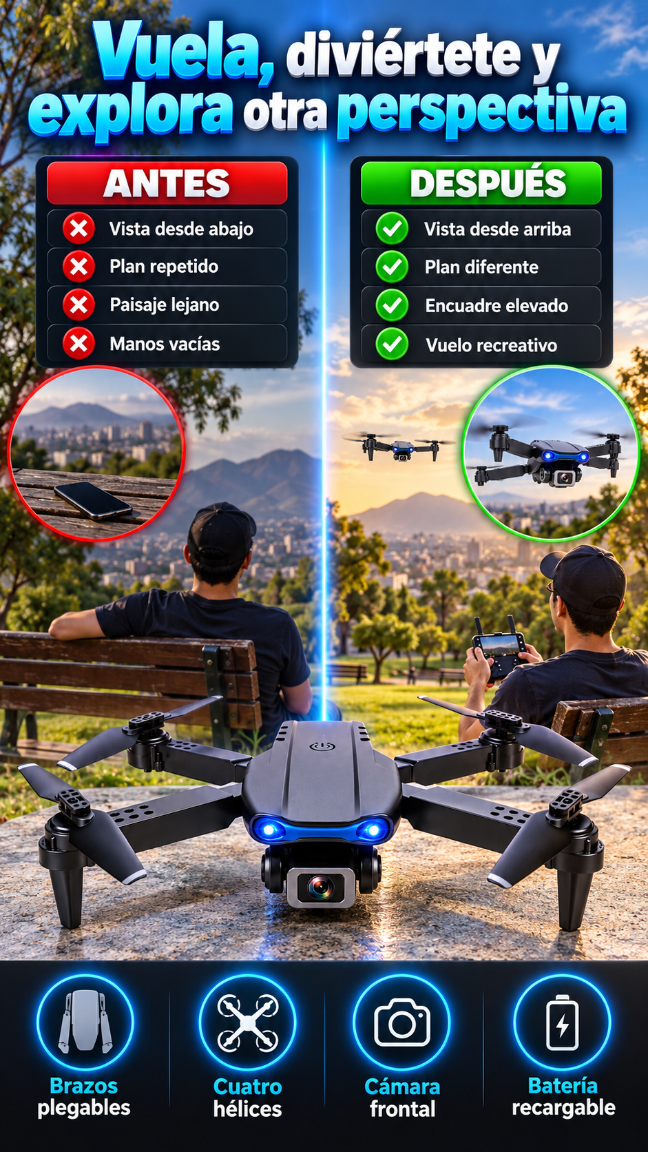 Drone E99 Pro plegable con cámara frontal para mayores de 14 años — Vuela, diviértete y explora otra perspectiva