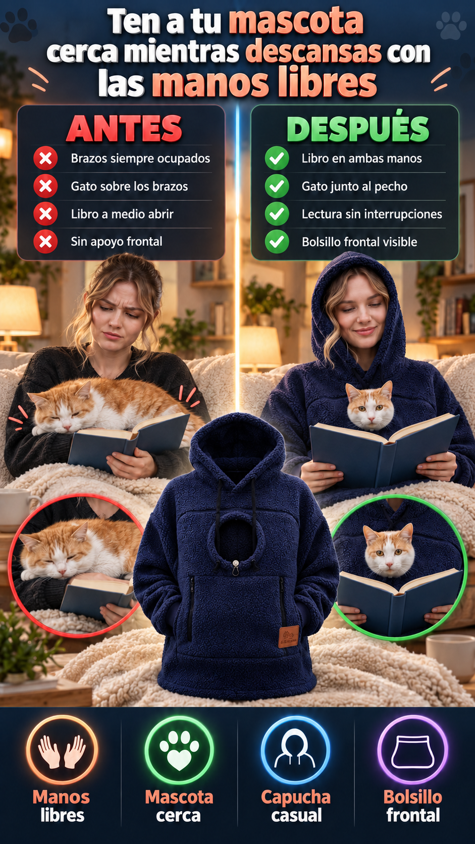 Sudadera con bolsillo tipo canguro para gatos o perros pequeños: cercanía y abrigo en tus momentos de descanso