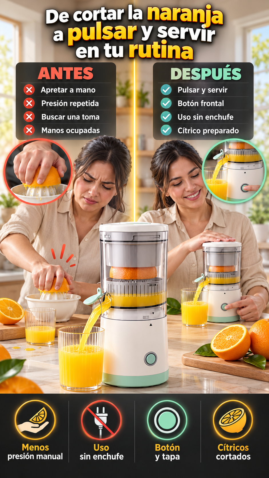 Exprimidor eléctrico portátil para jugos ocasionales de cítricos cortados — Una opción para el hogar y distintos espacios de tu rutina.