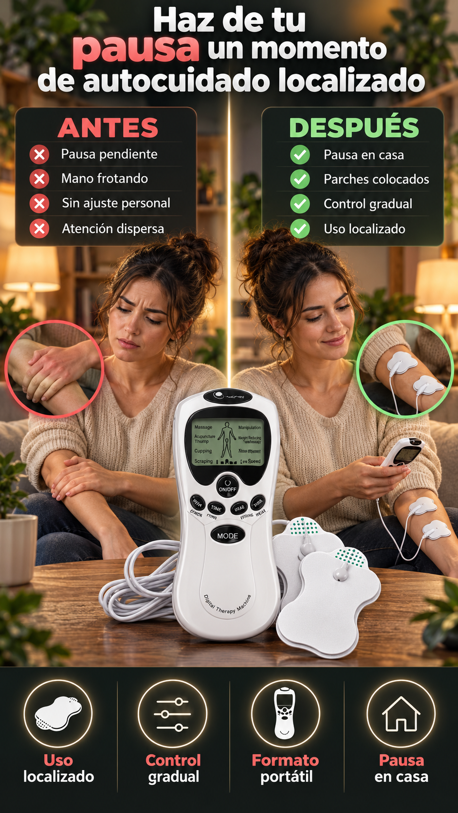 Electroestimulador portátil para adultos: una pausa de autocuidado en casa — Regula la experiencia a un nivel confortable