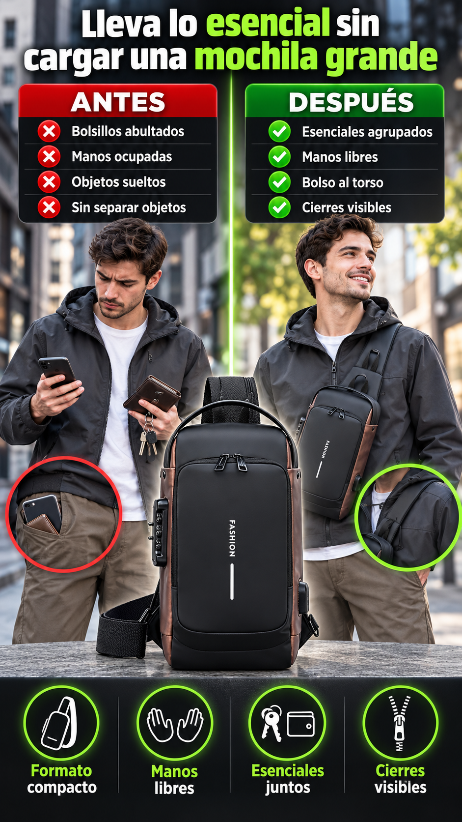 Mochila Cruzada Antirrobo para traslados diarios: teléfono, billetera, llaves y documentos a mano