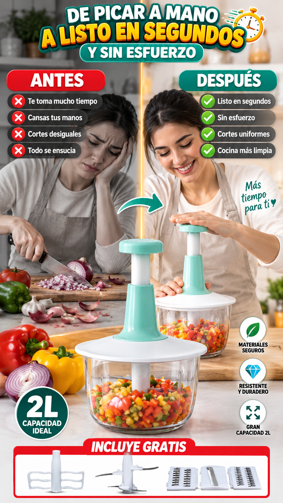 Picatodo manual para tus sofritos, ensaladas y comidas diarias — Prepara vegetales y aromáticos con accionamiento por presión.