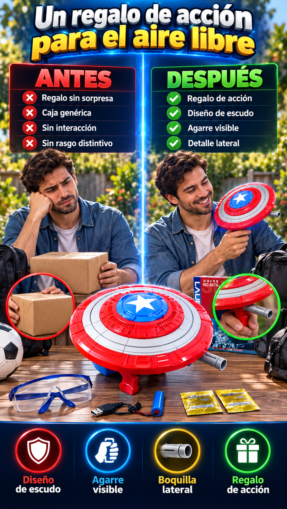 Escudo lanzador recreativo para niños y jovenes que buscan un regalo de acción y puntería al aire libre