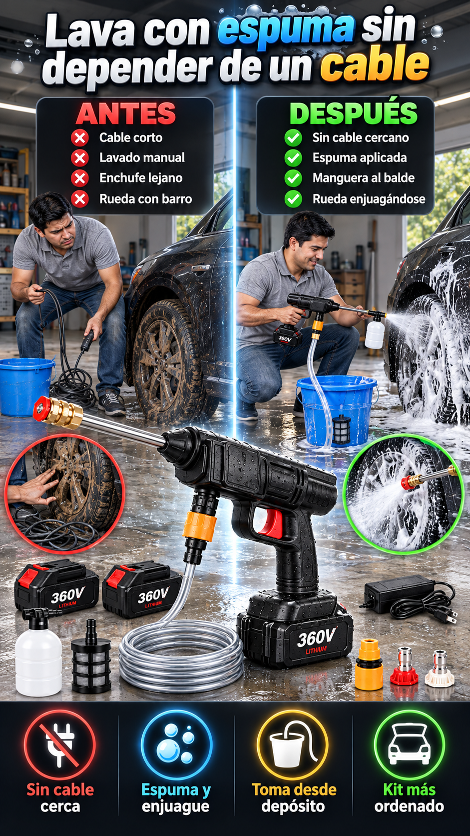 Hidrolavadora inalámbrica portátil de alta presión — Lava auto, moto y exteriores con espuma